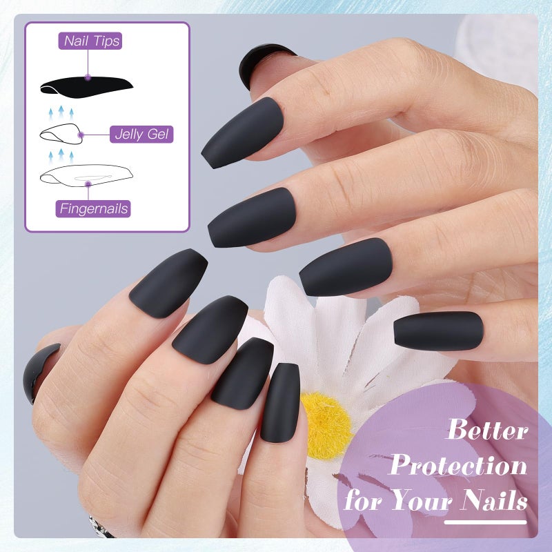 Umillars 24PCS Black Fake Nails Full Cover Press on Short False Nail Art Tips Matte Glossy Medium Stiletto Almond Coffin Ballerina Reusable Acrylic Fingernail for Women Office Lady (Matte Coffin) - Image 3